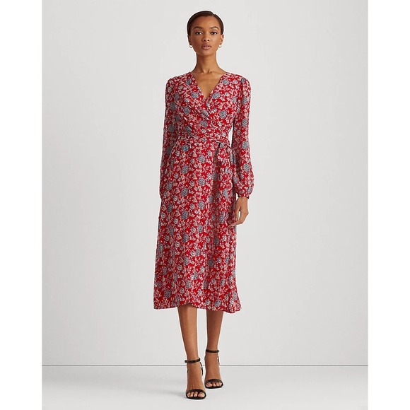 Ralph Lauren Dresses & Skirts - Ralph Lauren Dress Womens 4 Petite Red Floral Fit Flare Midi Georgette Puff Slv